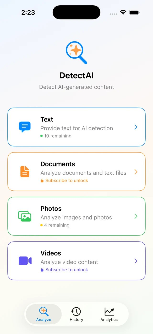 DetectAI Analyze screen with Text, Documents, Photos, and Videos